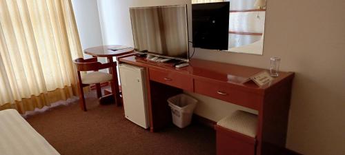 a room with a desk with a television and a mirror at Hotel Viña del Sur in Tarija