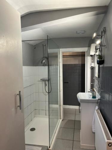 a bathroom with a glass shower and a sink at The Old Stable at Greatfield in Royal Wootton Bassett