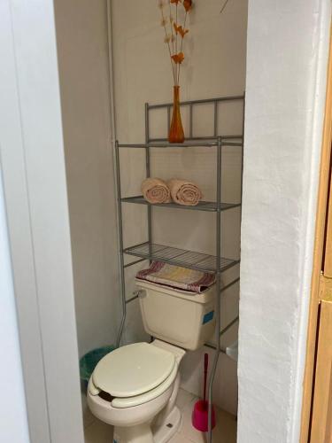 La salle de bains est pourvue de toilettes et d'une étagère avec des serviettes. dans l'établissement Quinta Ángeles, à Cuernavaca