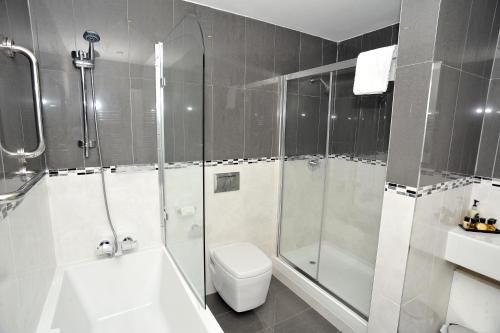 a bathroom with a shower and a toilet and a sink at The Kings Arms Hotel in Berwick-Upon-Tweed