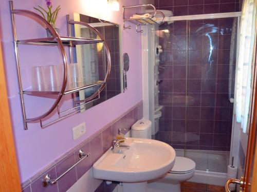 W łazience znajduje się umywalka, toaleta i lustro. w obiekcie Casa Rural Bigotes w mieście Arlanzón