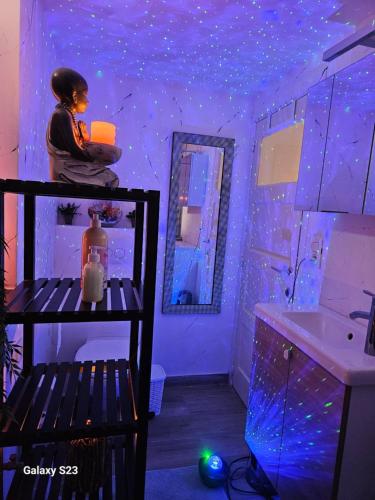 een vrouw in een badkamer met een wastafel en een spiegel bij Love Zen Room Atomium et Palais de l'exposition in Brussel