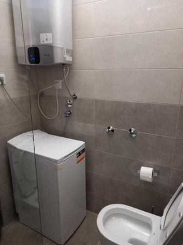 a bathroom with a toilet and a water tank at Apartments Budva Center in Budva