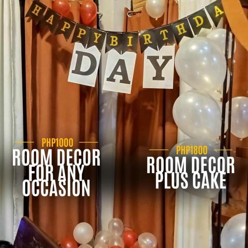 a bunch of balloons and a sign that says room decor for my occasion at The Bistro House - Loft Unit - Vigan in Vigan