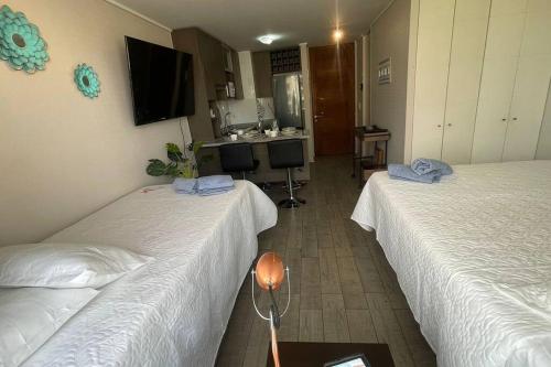 a hotel room with two beds and a sink at 8 Apartamento en Santiago en fente al Metro - Hipodromo de Chile y Estadio San Laura in Santiago