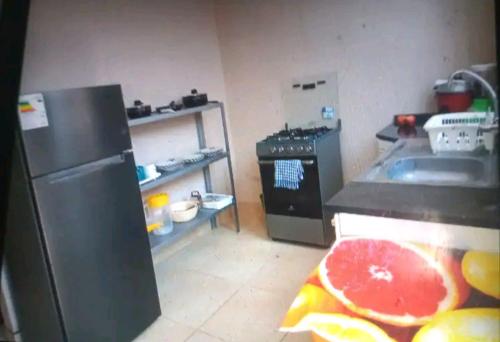 eine Küche mit Spüle und Herd mit Grapefruit darauf in der Unterkunft Casa acogedora y relajante in Ica