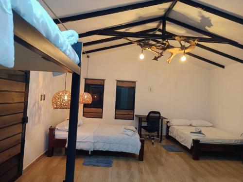 1 dormitorio con 2 camas y escritorio con lámpara en oBeja negra Muki, en Pitalito