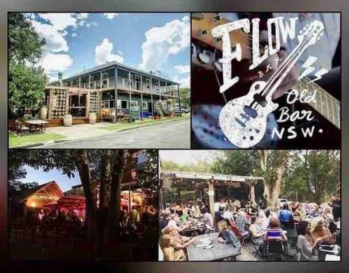 a collage of pictures of a restaurant with a guitar at Budgaribah in Old Bar