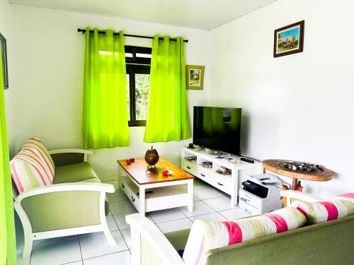 - un salon avec des rideaux verts et une télévision dans l'établissement CHEZ ANNA & FLORIAN, à Tohautu