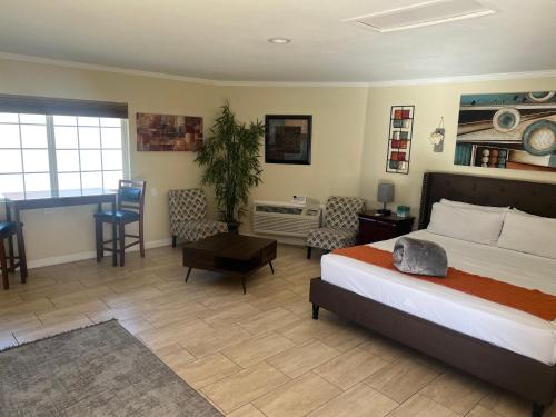 um quarto com uma cama, uma mesa e cadeiras em EDR Hotel - Adults Only & Clothing Optional em Palm Springs