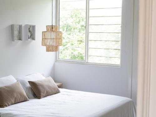 a white bedroom with a bed and a window at Finca Hotel Santana in Montenegro
