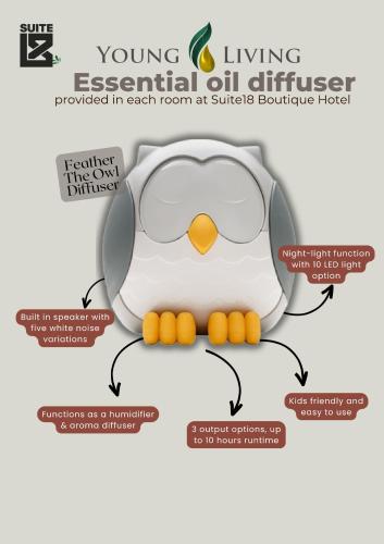 an illustration of an owl with the benefits of a cervical oil diffuser at Suite 18 Boutique Hotel in Kuala Terengganu