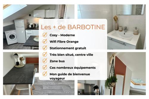 a collage of photos of a kitchen and a bathroom at La Barbotine - Cosy - Centre ville in Bourg-en-Bresse