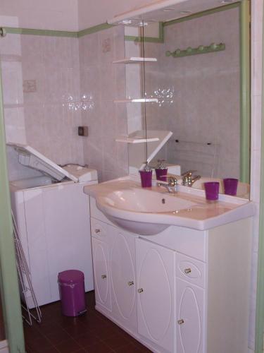 une salle de bain avec un lavabo et un miroir dans l'établissement Bouerzy, à Laruns