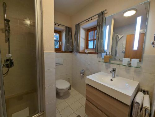 een badkamer met een wastafel, een toilet en een douche bij Ferienwohnung Rösslstube in Ruhpolding