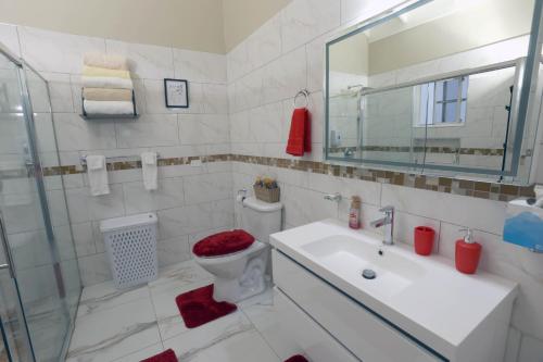 uma casa de banho com um WC, um lavatório e um espelho. em Spacious Luxury 3 Bed Rooms in Kingston em Kingston