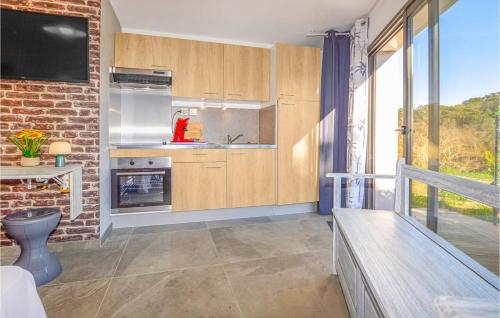 une cuisine avec des placards en bois et une grande fenêtre dans l'établissement Corse et Zen BULLE ZEN 25 m² 2 pers + Bébé, à Folelli