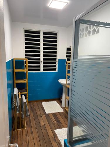 a bathroom with a shower and a blue wall at KREOLITA in Montjoly