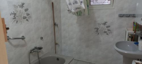 een badkamer met een douche, een wastafel en een toilet bij משפחתית בשובה 