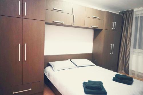 a bedroom with a bed and wooden cabinets at Robert's Apartment in Bistriţa