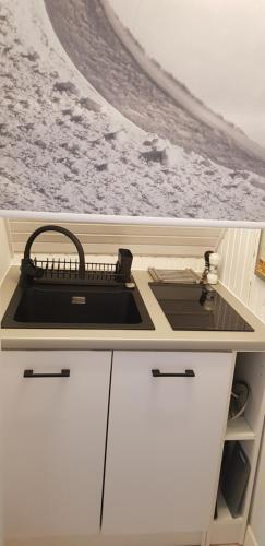 a kitchen counter with a sink and snow on theinsula at STUDIO SLOW CERLA 9 Korbielów in Korbielów