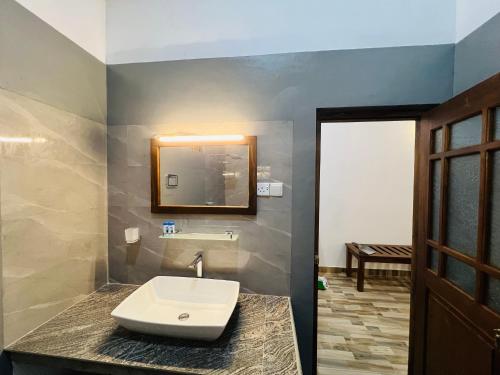 a bathroom with a sink and a mirror on a counter at Sunrise oasis retreat in Habarana