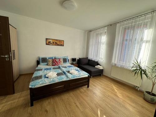 a bedroom with a bed and a couch in it at Apartmán v Krušných horách-free parking in Jáchymov