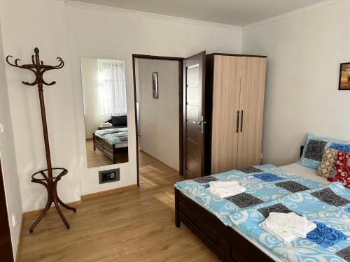 a bedroom with a bed and a dresser and a mirror at Apartmán v Krušných horách-free parking in Jáchymov