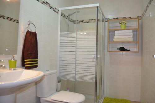 a bathroom with a shower and a toilet and a sink at Residencial Jandía Marina in Morro del Jable