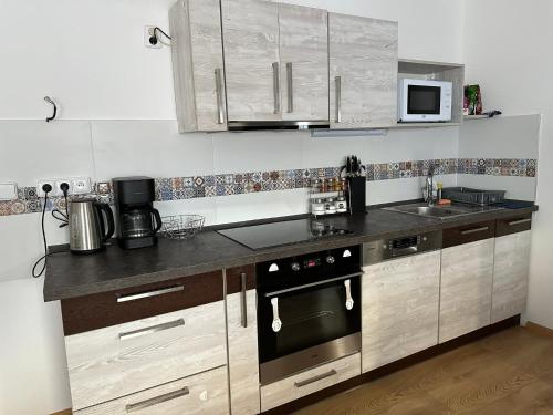 a kitchen with wooden cabinets and a black stove top oven at Apartmán v Krušných horách-free parking in Jáchymov