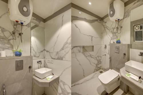 two pictures of a bathroom with a sink and a toilet at Hotel International Inn - Near Delhi Airport in New Delhi