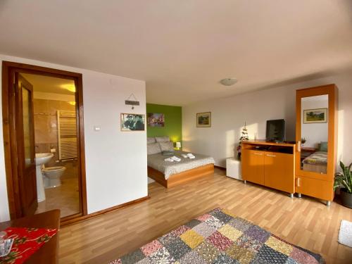 a living room with a bed and a bathroom at Casa Genesini in Miercurea-Ciuc