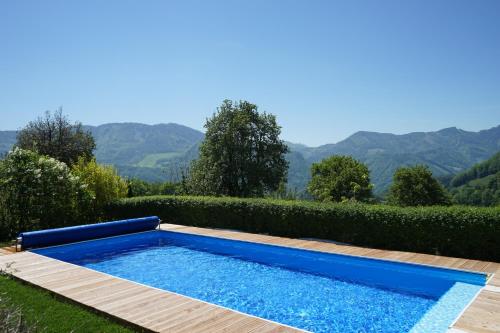 une piscine dans un jardin avec des montagnes en arrière-plan dans l'établissement Brettmaisserhof, à Ternberg