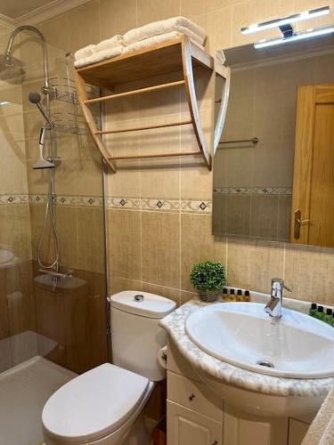 a bathroom with a white toilet and a sink at Sol de mar, La Mata (Hiszpania) in La Mata