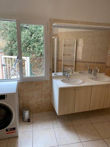 une salle de bain avec deux lavabos et une machine à laver dans l'établissement Le gîte des palmiers, à Saint-Andéol-de-Vals