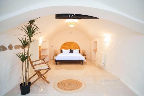 a bedroom with a bed in a white room at Le temple d'Aphrodite, Appartement avec SPA in Vienne