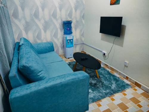 a living room with a blue couch and a tv at Erica Homestay in Nanyuki