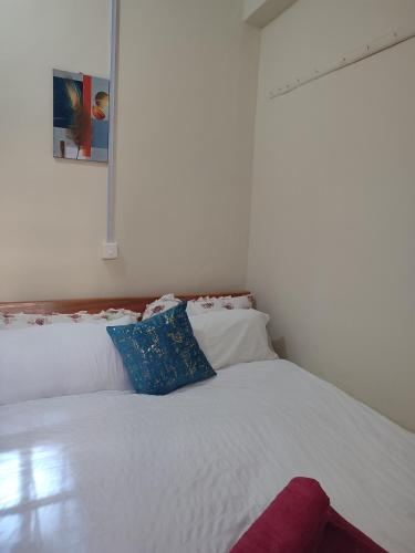 a white bed with two blue pillows on it at Erica Homestay in Nanyuki