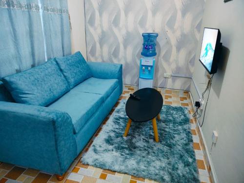 a living room with a blue couch and a television at Erica Homestay in Nanyuki