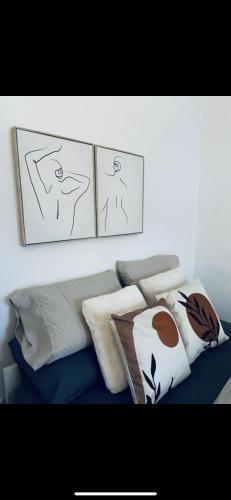 Clooney Park的住宿－Roulsten Retreat，一张沙发上配有枕头,墙上挂着图画