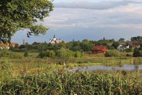 a pond in a field with buildings in the background at Żabi Staw in Supraśl
