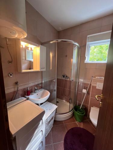 bagno con doccia, lavandino e servizi igienici di Apartments "Helios" a Njivice