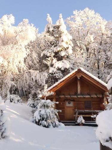 a cabin in the snow with snow covered trees at Hut at the forest in Male Brusnice