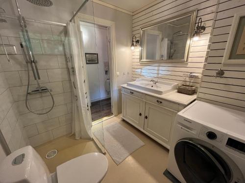 a bathroom with a washing machine and a sink at Davidslids cottage in Löddeköpinge