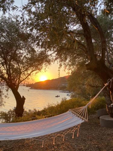 a hammock under a tree with a view of a lake at Sunset of Pelion in Kato Gatzea
