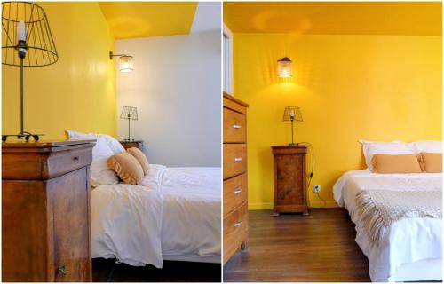 a yellow bedroom with two beds and a dresser at Villa Joseph in Saint-Paul-Trois-Châteaux