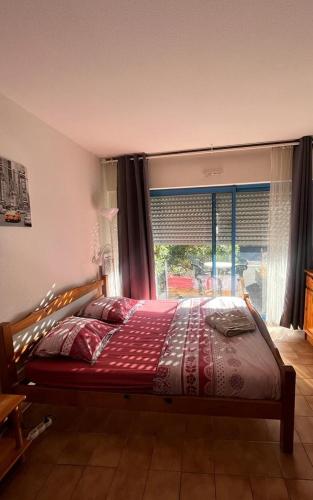 a bedroom with a bed with a large window at Studio agréable de 21m2 in Balaruc-les-Bains