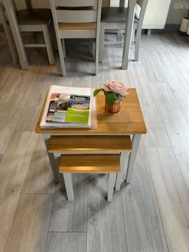 a table with a magazine and a vase with a flower on it at Chapel Place, Town Centre in Killarney