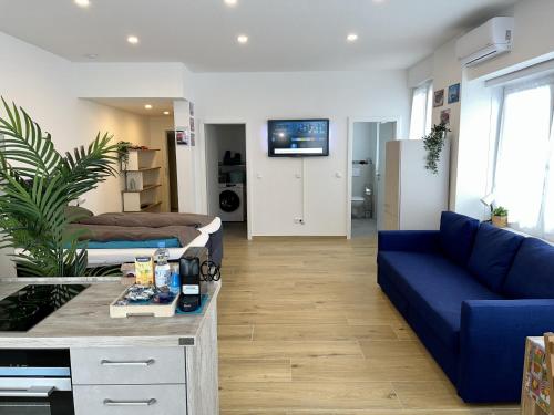 a living room with a couch and a blue sofa at Gästehaus Rheinstetten Forchheim in Rheinstetten