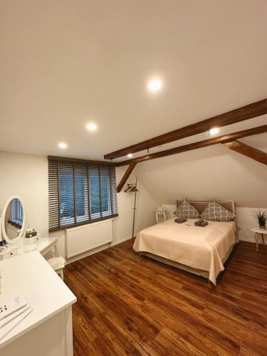 um quarto grande com uma cama e uma secretária em Ferienwohnung Samy em Bayreuth